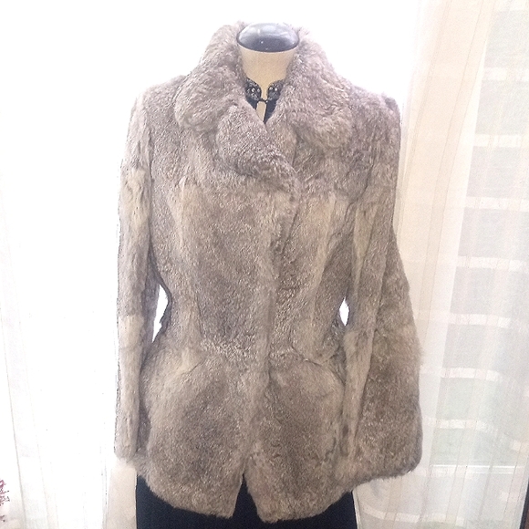Gorgeous heather gray rabbit fur 1940s coat true vintage blue satin lining - Picture 1 of 8